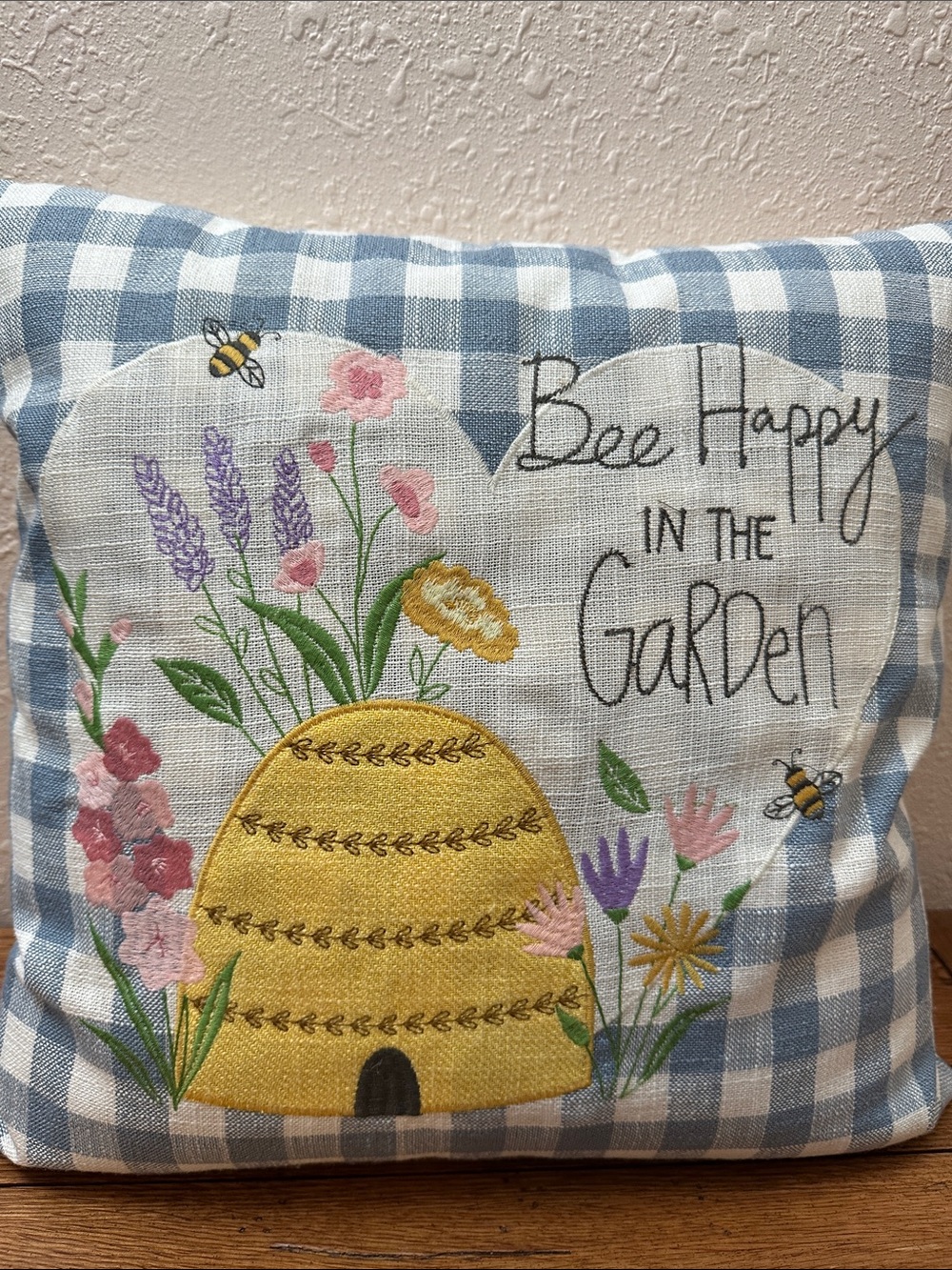 "Bee Happy in the Garden" Blue Gingham check Square Throw Pillow